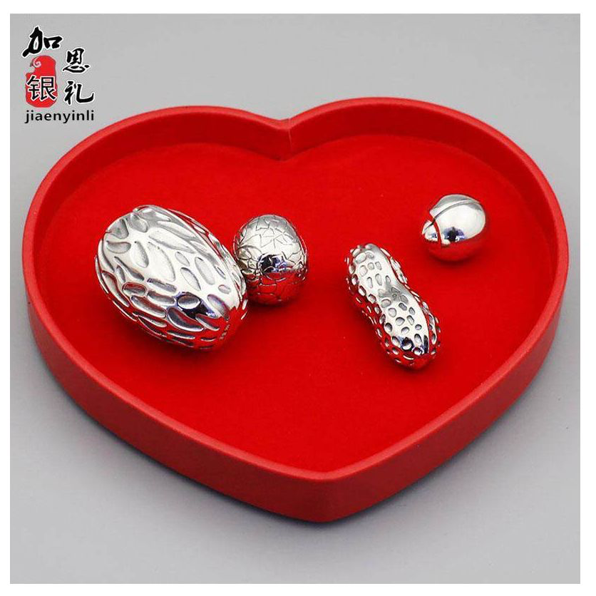 Pure 999 Silver Bridal Room Decoration with Heart Shaped Gift Box; 999純銀婚房裝飾品,附心型禮盒;紅棗花生蓮子龍眼共88克重 red dates peanuts lotus seeds longan 88g