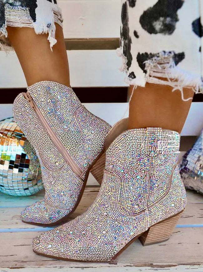 PROM | Pointed Toe Rhinestones Cowboy Ankle Boots