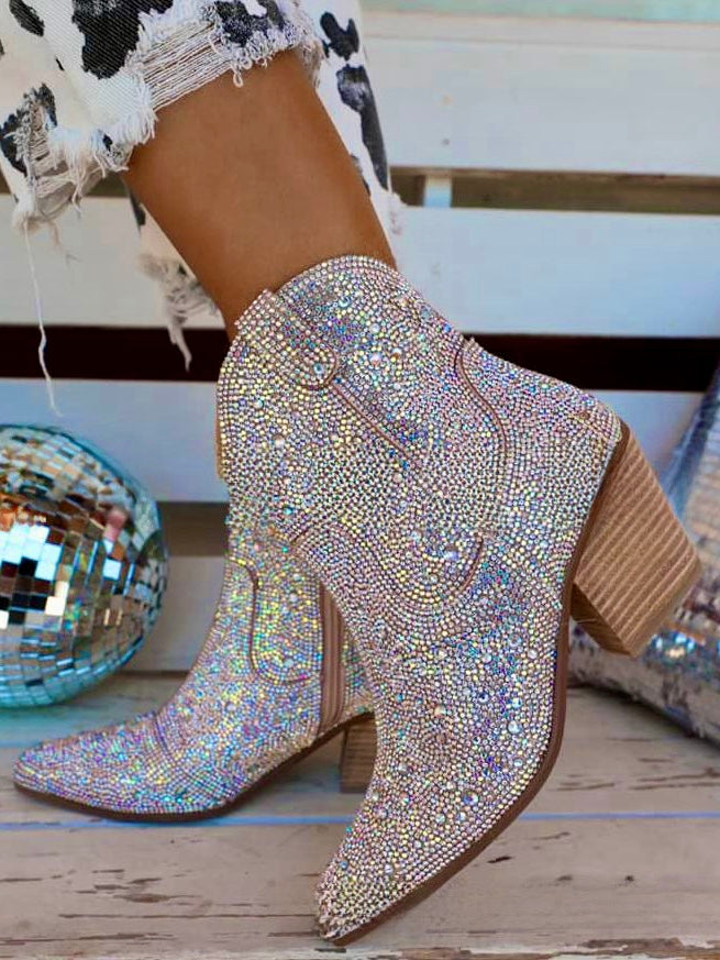 PROM | Pointed Toe Rhinestones Cowboy Ankle Boots