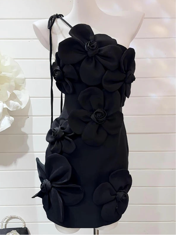 BEACH PARTY DRESS | Elegant 3D Floral Appliquéd One Shoulder Mini Dress in Black and White