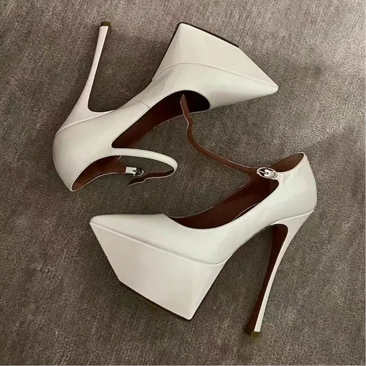 Platform Point Toe Ankle-Straps High Heels; Satin & Patent Leather in 2 Colours