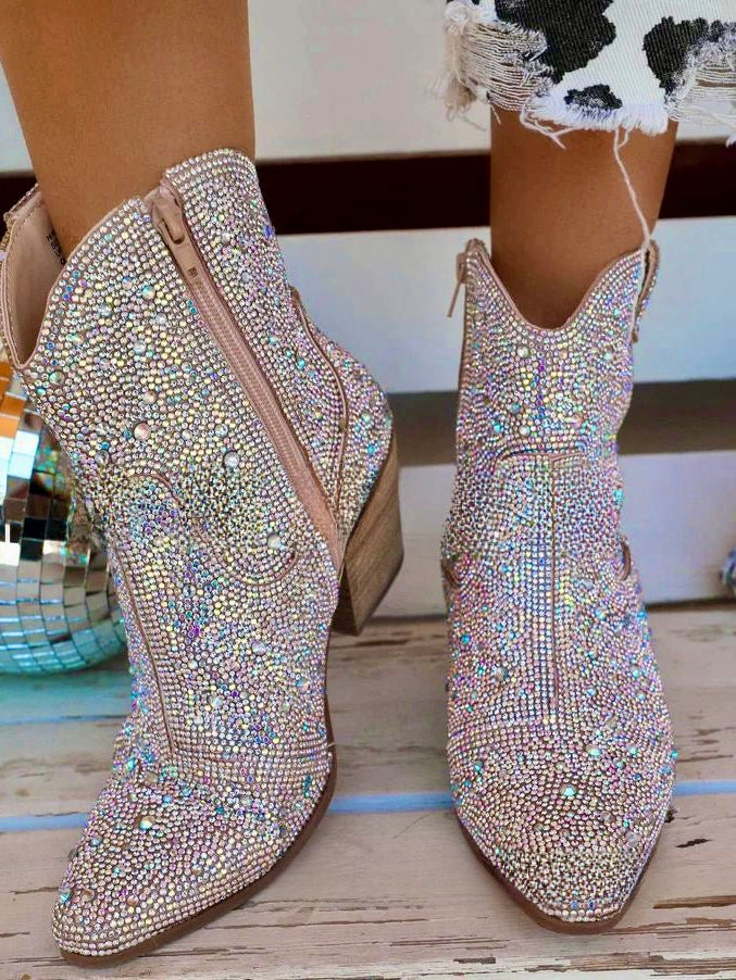PROM | Pointed Toe Rhinestones Cowboy Ankle Boots