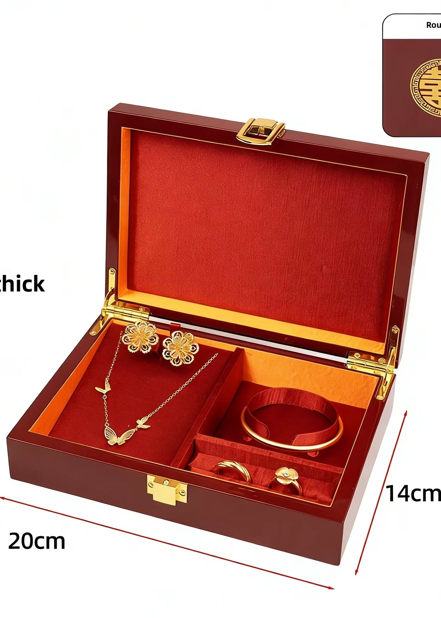 BRIDAL GIFTS |DOUBLE HAPPINESS Retangular Lacquer Wooden Jewellery Boxes Velvet Lining with Anti-Oxidation Metal Closure