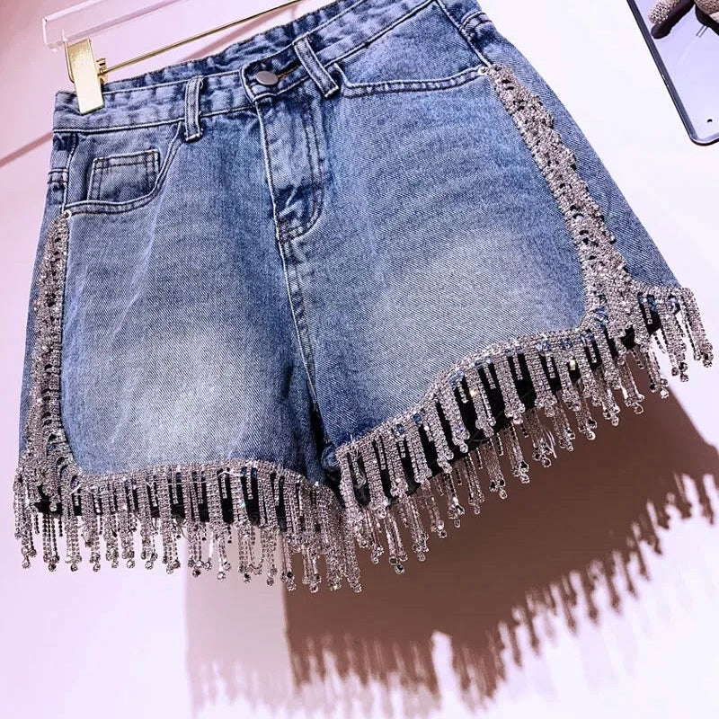 COWBOY PARTY | Shiny Rhinestone High-Waist Denim Shorts for Women