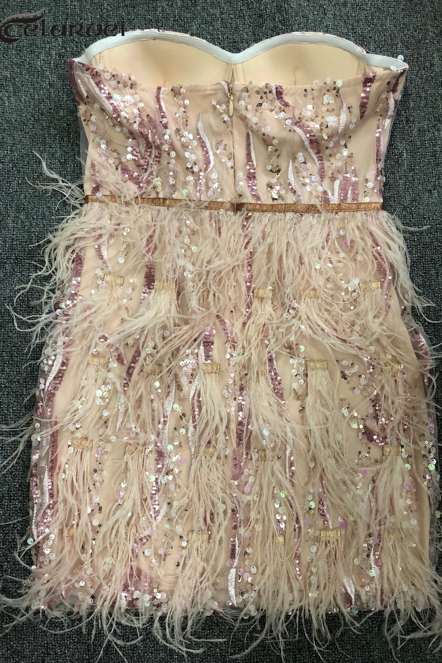 Pink Sequin Feather Strapless Party Mini Dress