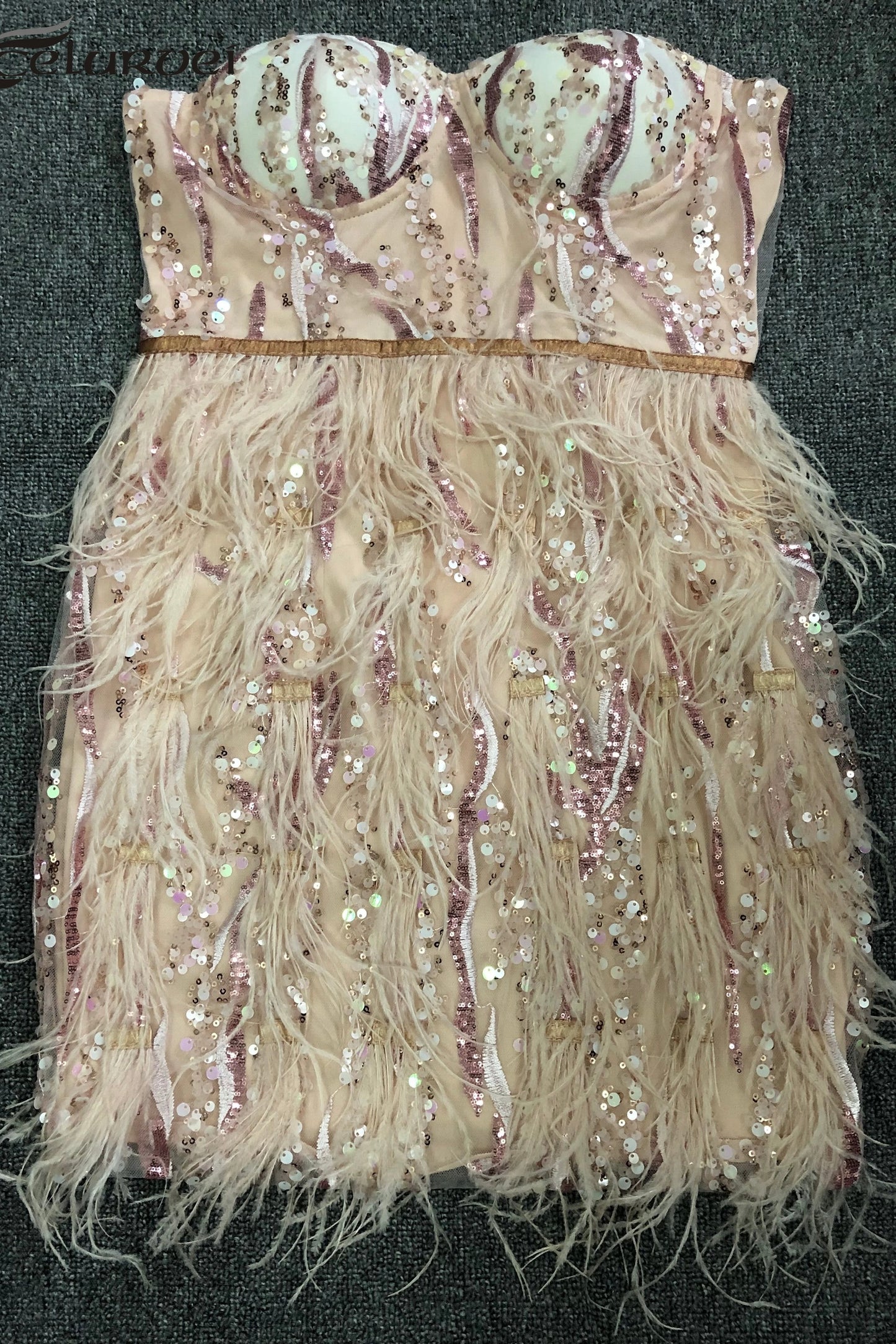 Pink Sequin Feather Strapless Party Mini Dress