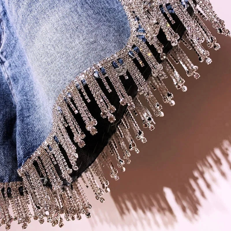 COWBOY PARTY | Shiny Rhinestone High-Waist Denim Shorts for Women