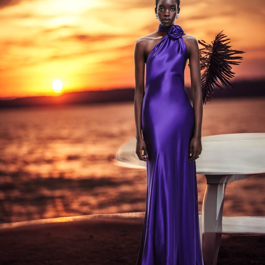 Robe de soirée en satin taille haute, dos nu, couleur unie, col licou