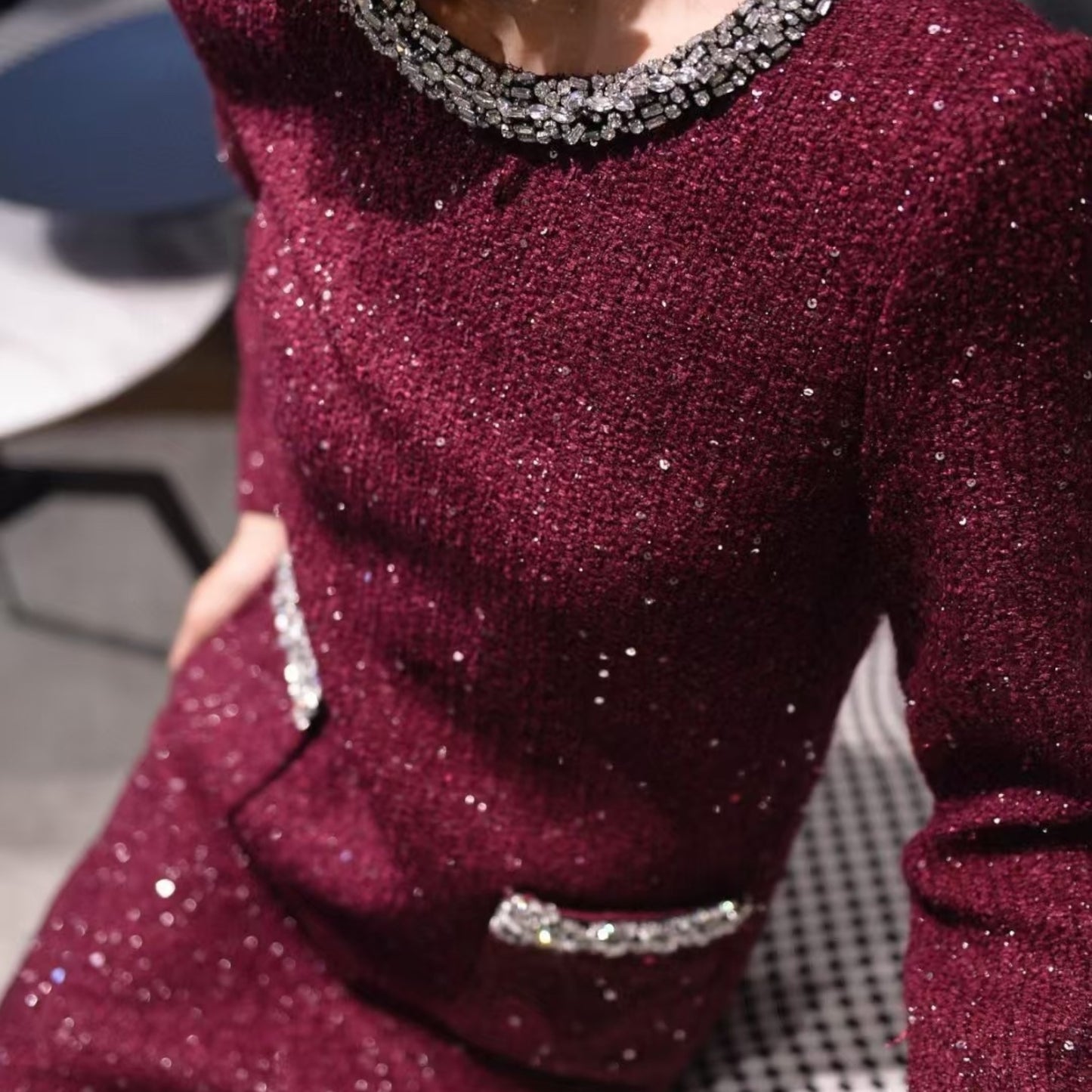 2025AW Sparkle Tweed Pocketed Mini Dress in 2 Colours; Plus Size Up to 2XL