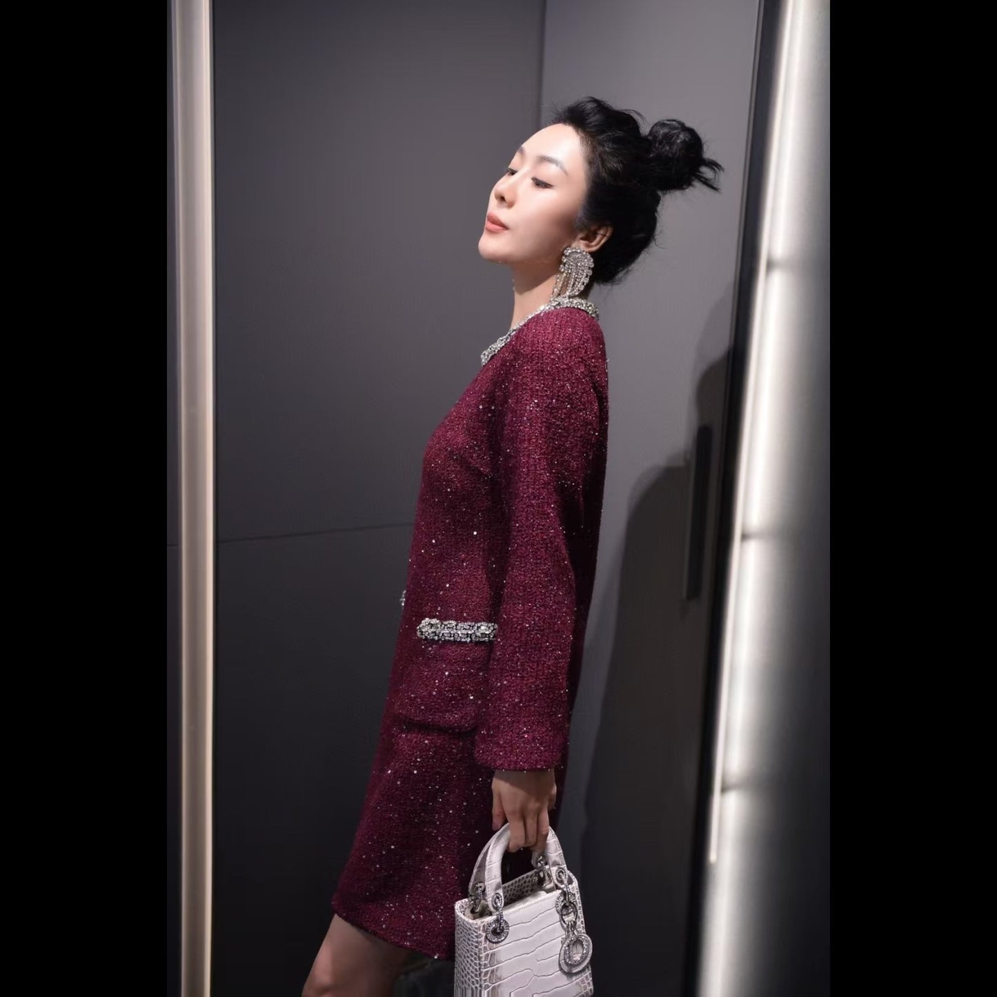 2025AW Sparkle Tweed Pocketed Mini Dress in 2 Colours; Plus Size Up to 2XL
