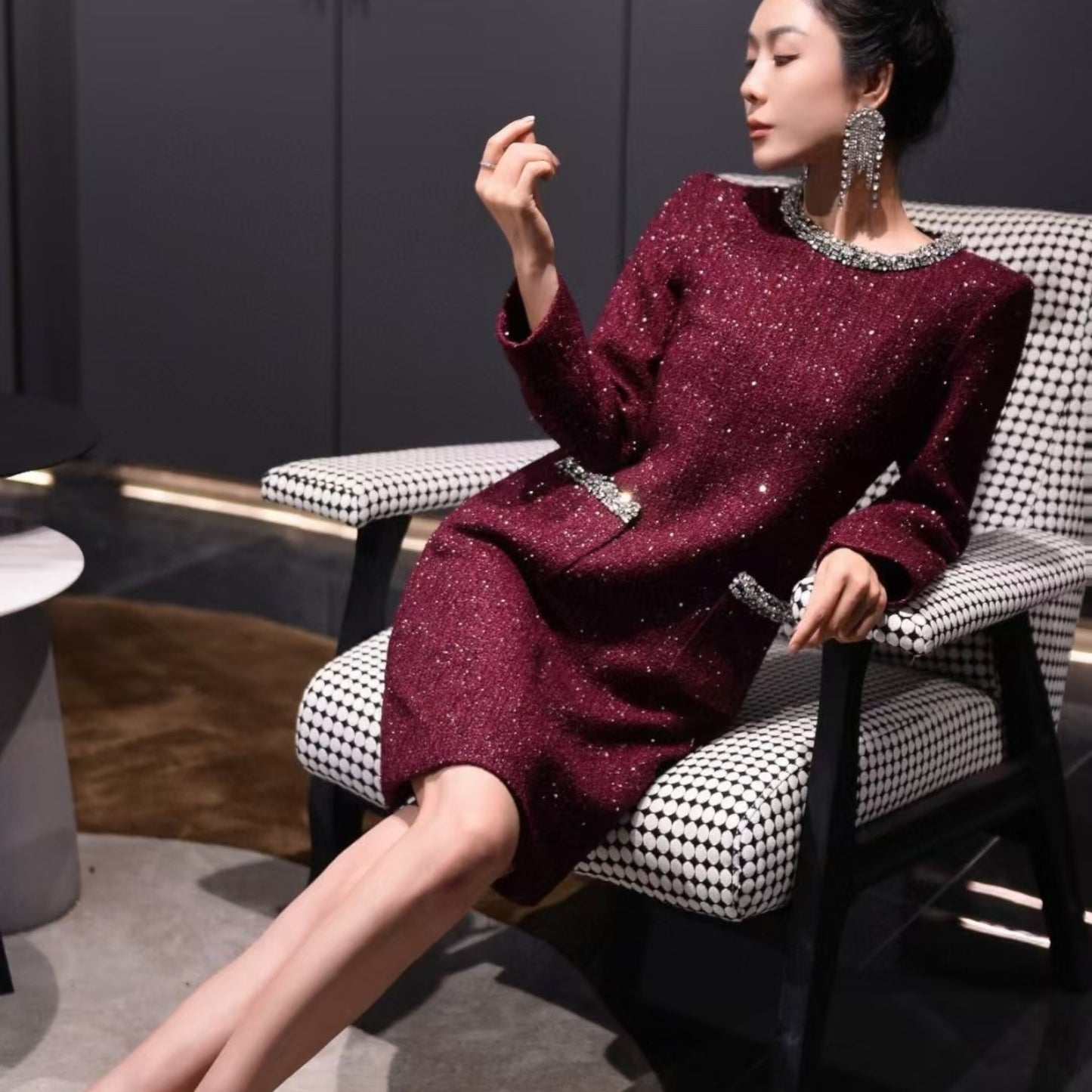 2025AW Sparkle Tweed Pocketed Mini Dress in 2 Colours; Plus Size Up to 2XL