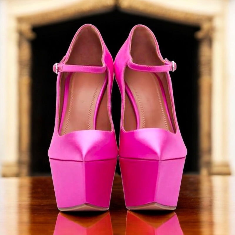 Platform Point Toe Ankle-Straps High Heels; Satin & Patent Leather in 2 Colours
