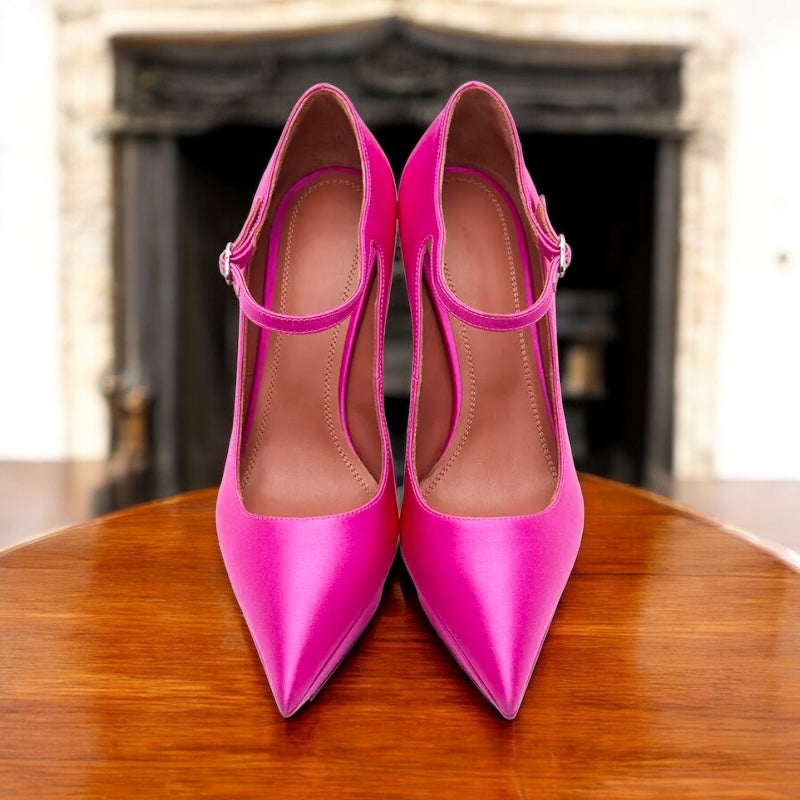 Platform Point Toe Ankle-Straps High Heels; Satin & Patent Leather in 2 Colours