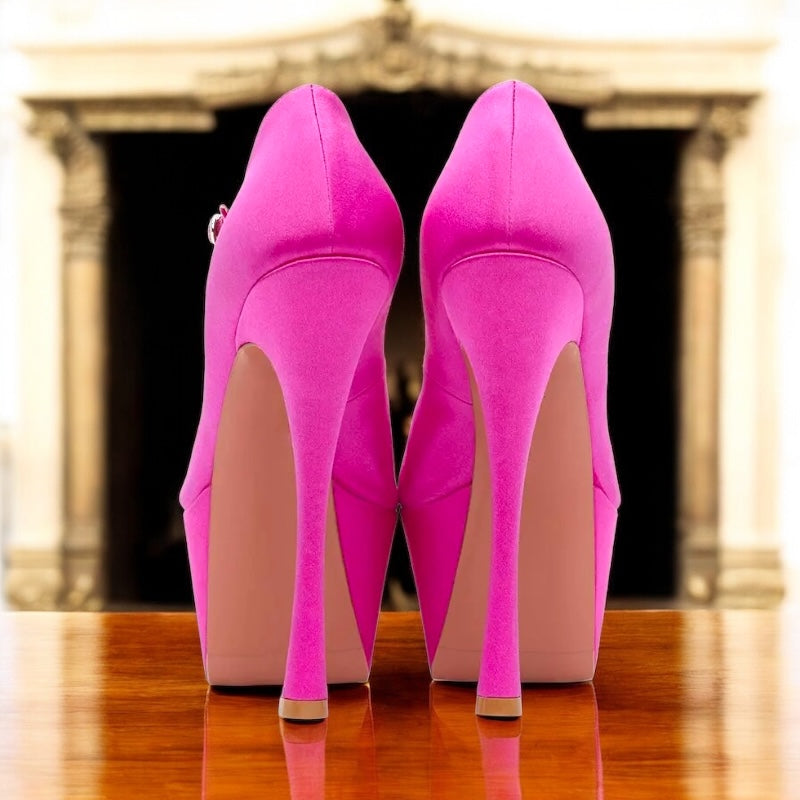 Platform Point Toe Ankle-Straps High Heels; Satin & Patent Leather in 2 Colours