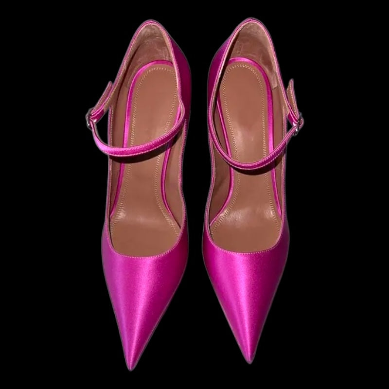 Platform Point Toe Ankle-Straps High Heels; Satin & Patent Leather in 2 Colours