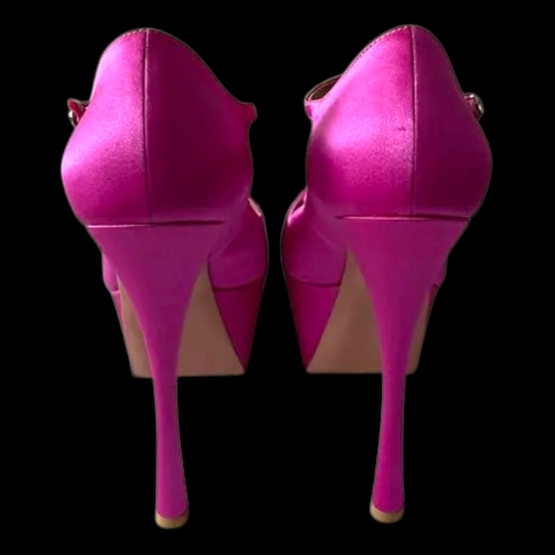 Platform Point Toe Ankle-Straps High Heels; Satin & Patent Leather in 2 Colours