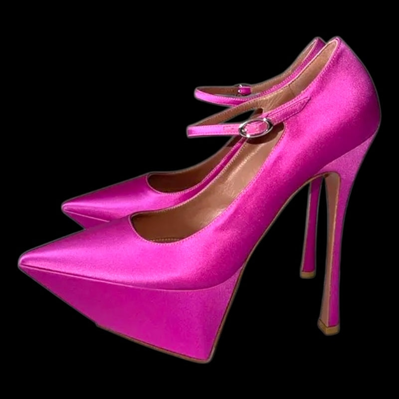 Platform Point Toe Ankle-Straps High Heels; Satin & Patent Leather in 2 Colours