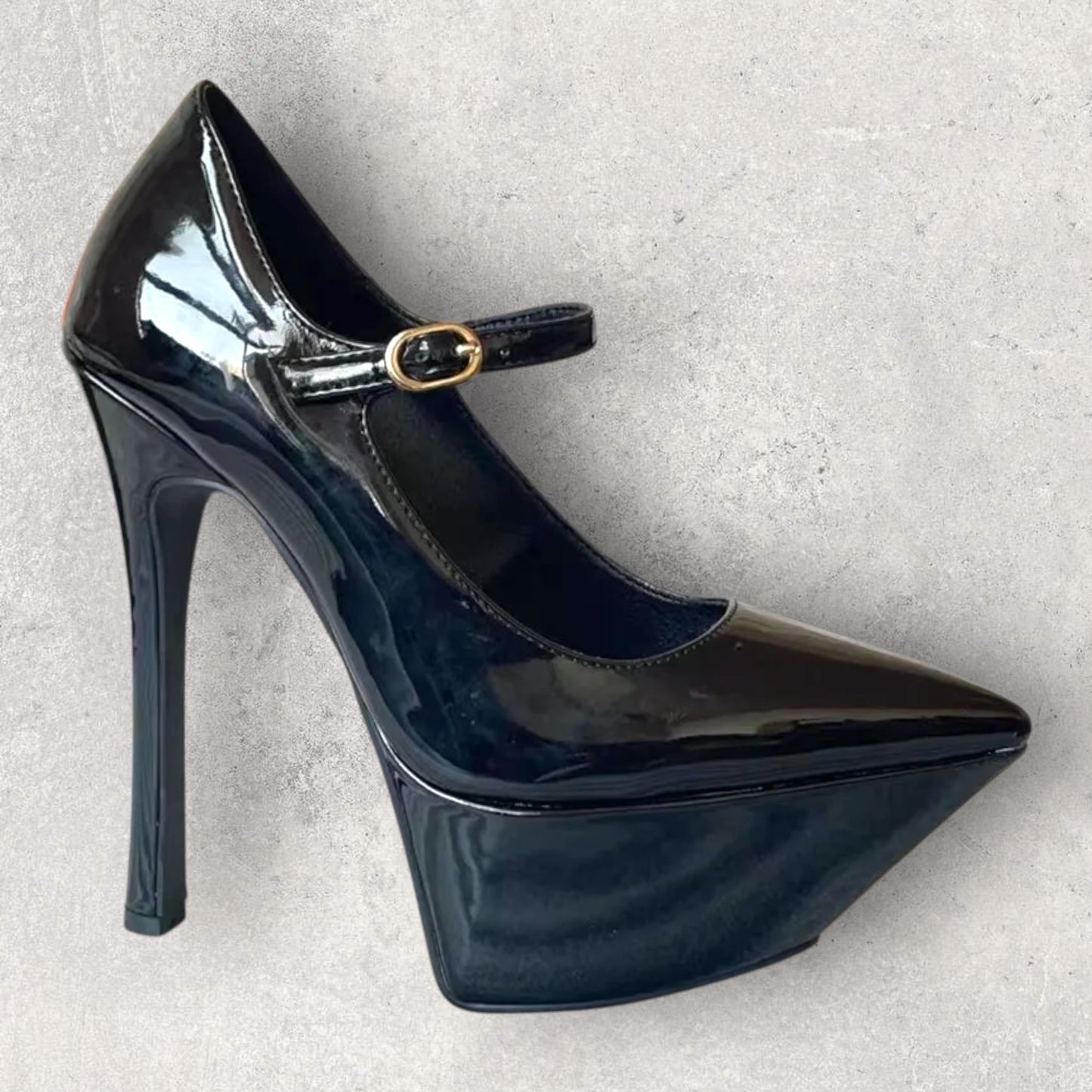 Platform Point Toe Ankle-Straps High Heels; Satin & Patent Leather in 2 Colours