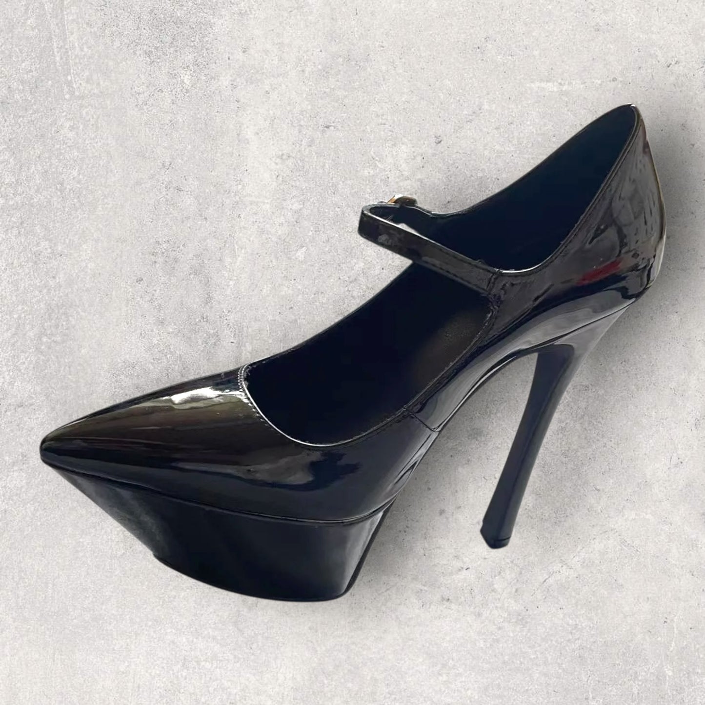 Platform Point Toe Ankle-Straps High Heels; Satin & Patent Leather in 2 Colours