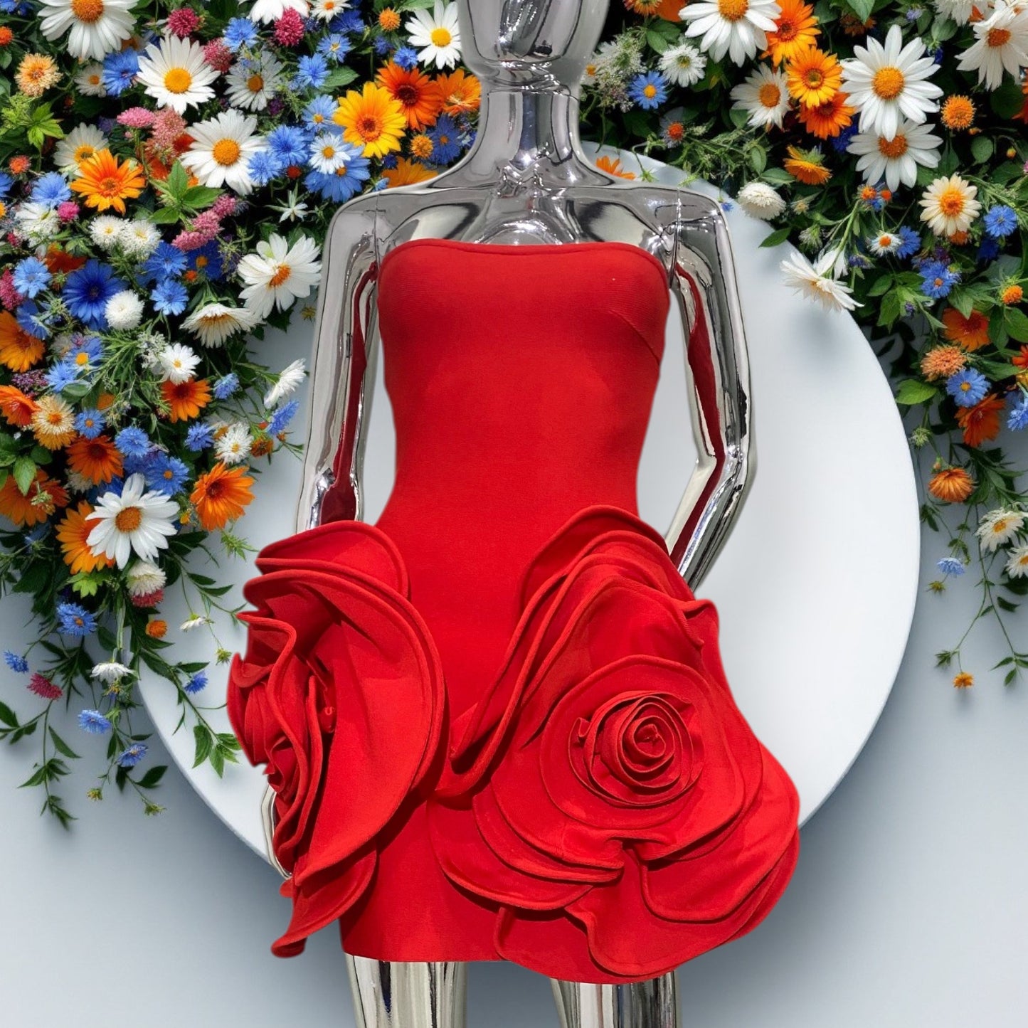Stunning Red Roses Bandage Mini Dress for Parties; Limited Inventories