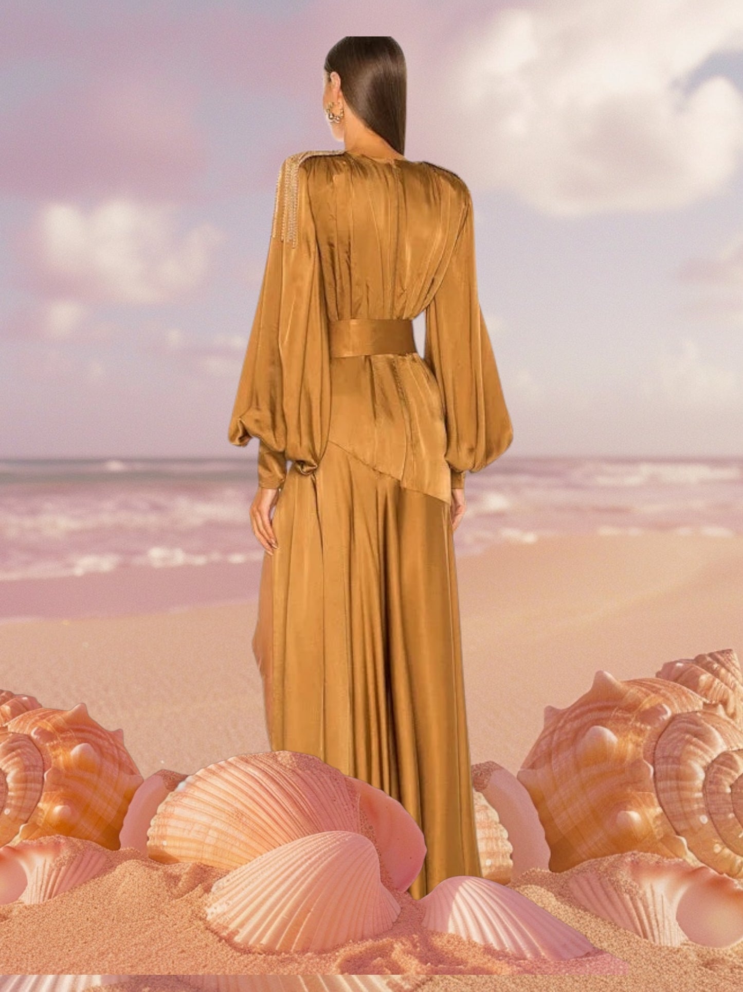 Elegant Plunge Puffy Long Sleeves Empire Waist Maxi Dress