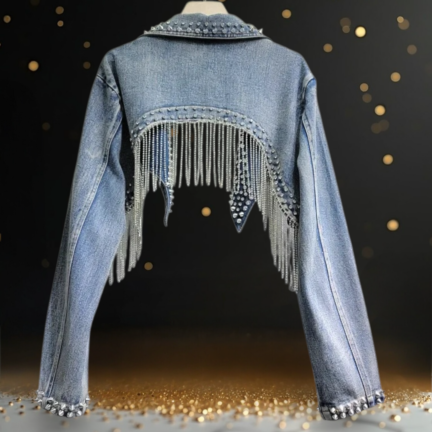 COWBOY PARTY | Sparkling Crystals Studs Fringed Cropped Denim Jacket