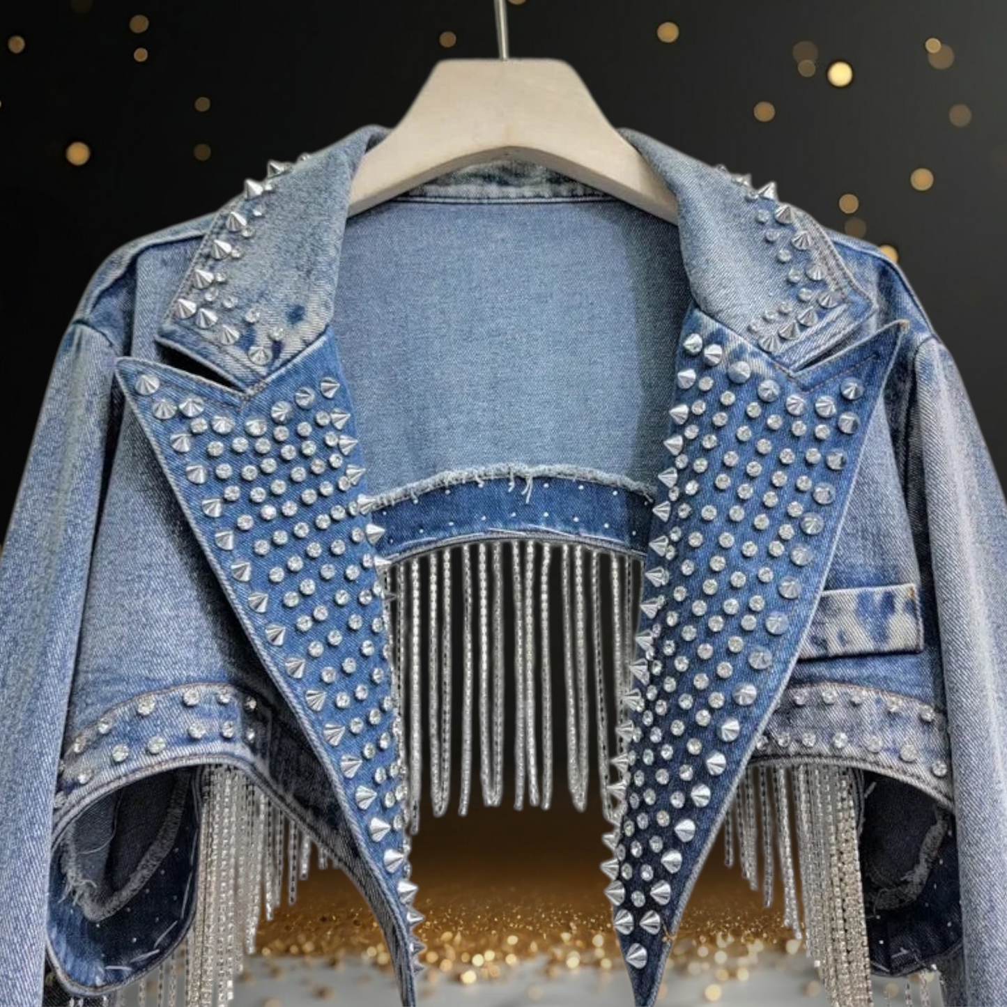 COWBOY PARTY | Sparkling Crystals Studs Fringed Cropped Denim Jacket