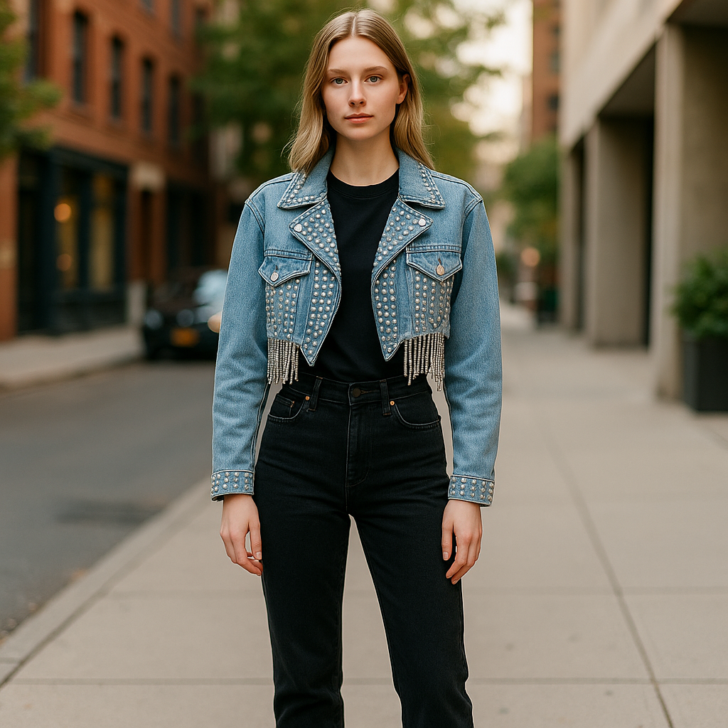 COWBOY PARTY | Sparkling Crystals Studs Fringed Cropped Denim Jacket
