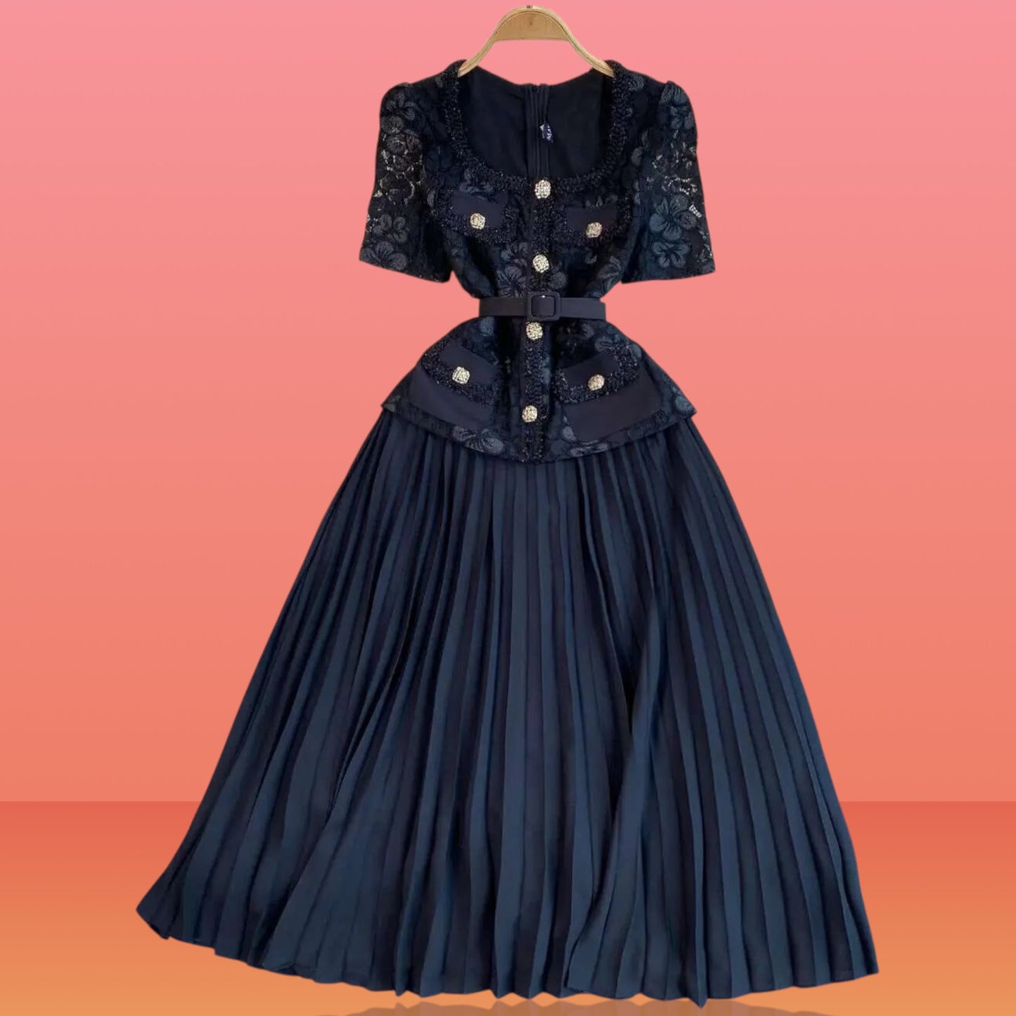 2025SS Pleated Chiffon Lace & Decorative Buttons Midi Dress in Black and White; Plus Size Up to 3XL
