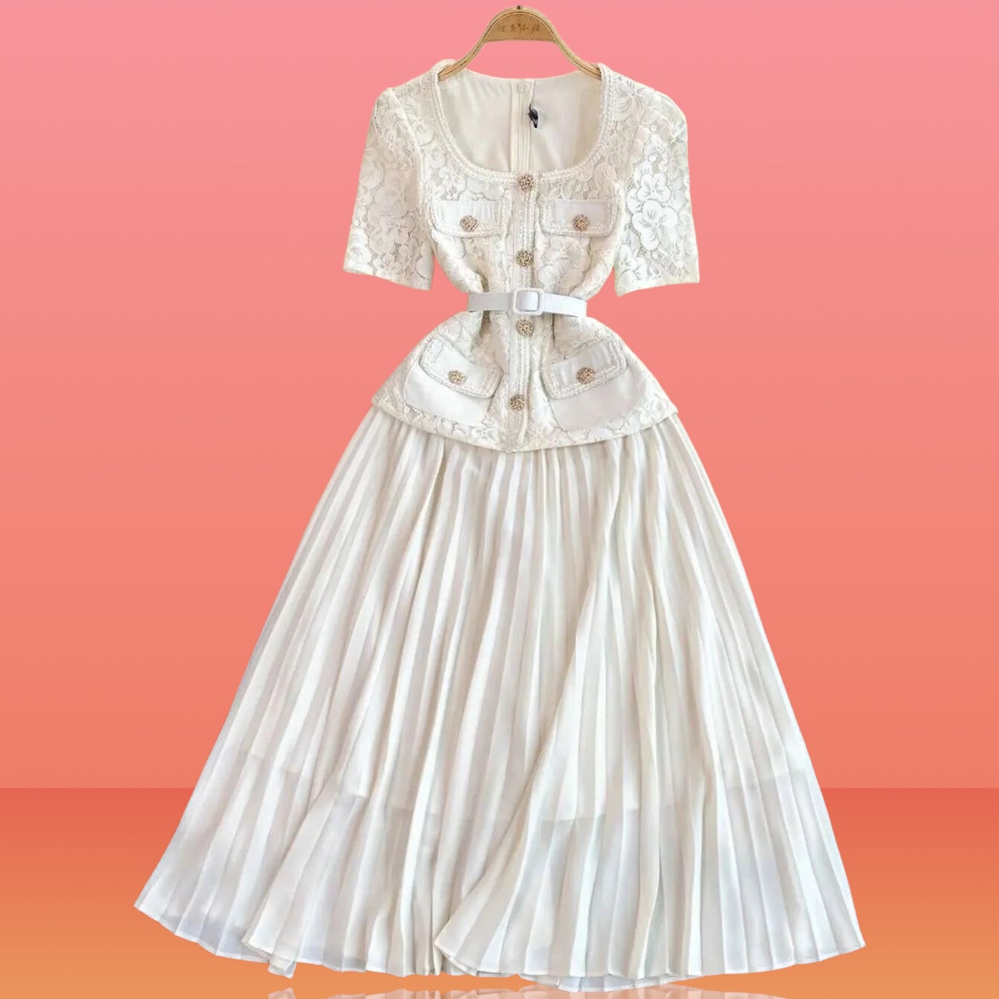 2025SS Pleated Chiffon Lace & Decorative Buttons Midi Dress in Black and White; Plus Size Up to 3XL