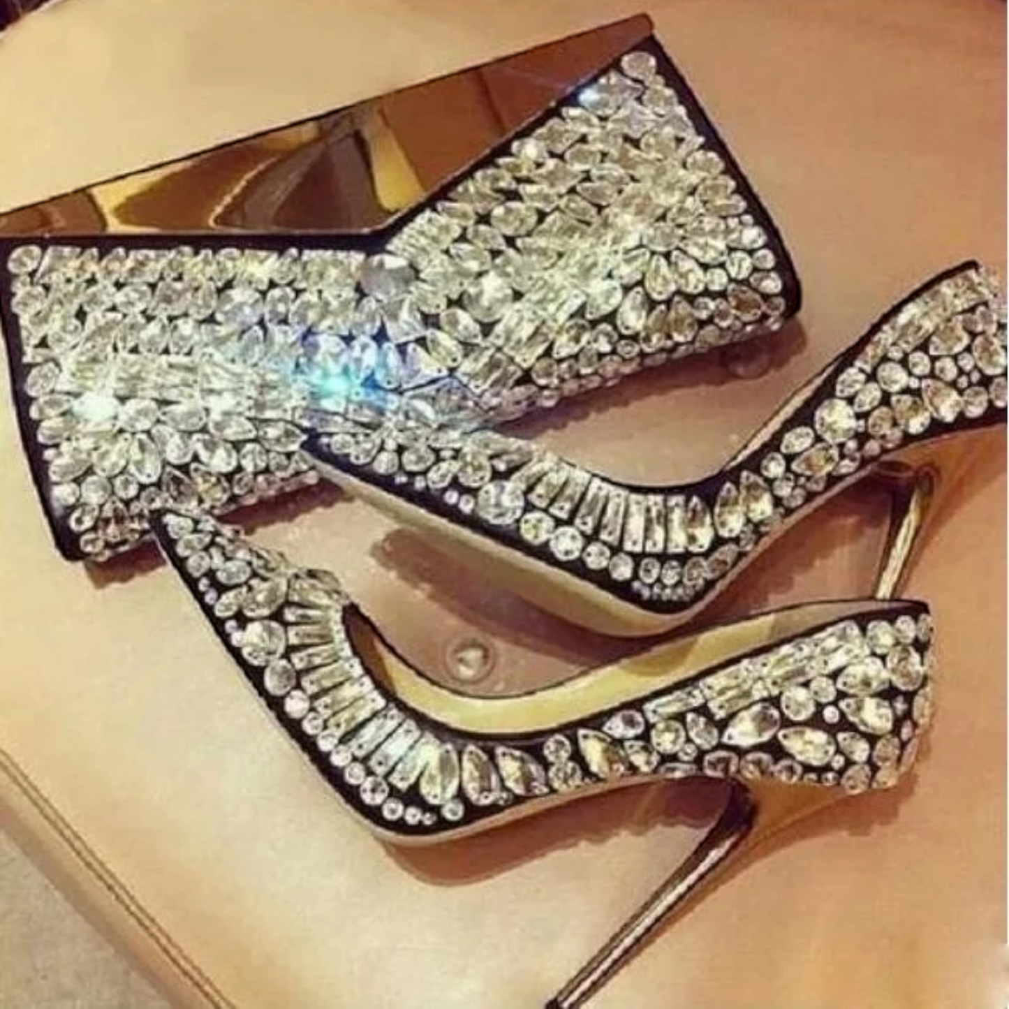 Luxury Crystals Point Toe Golden Stiletto Heels