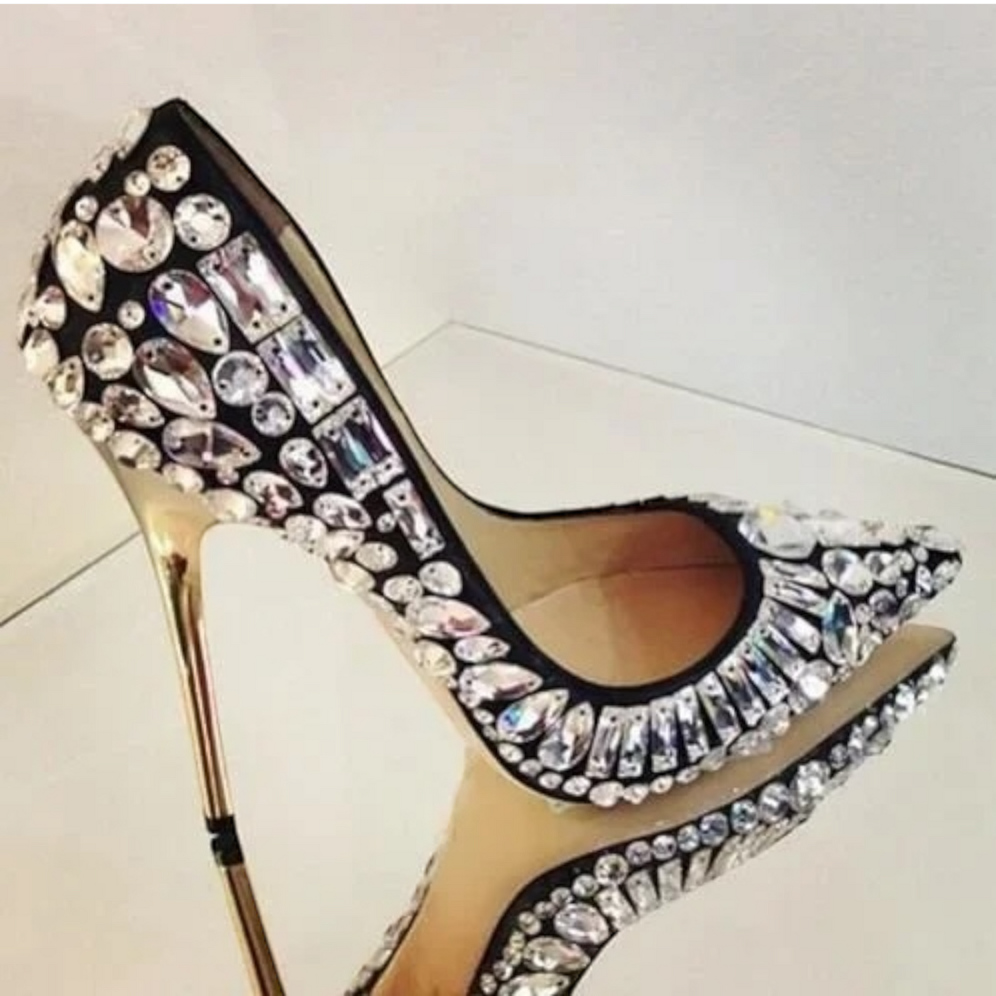 Luxury Crystals Point Toe Golden Stiletto Heels