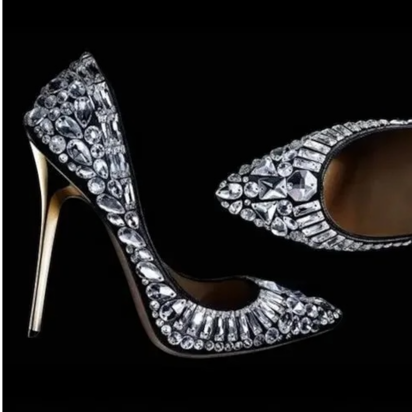 Luxury Crystals Point Toe Golden Stiletto Heels