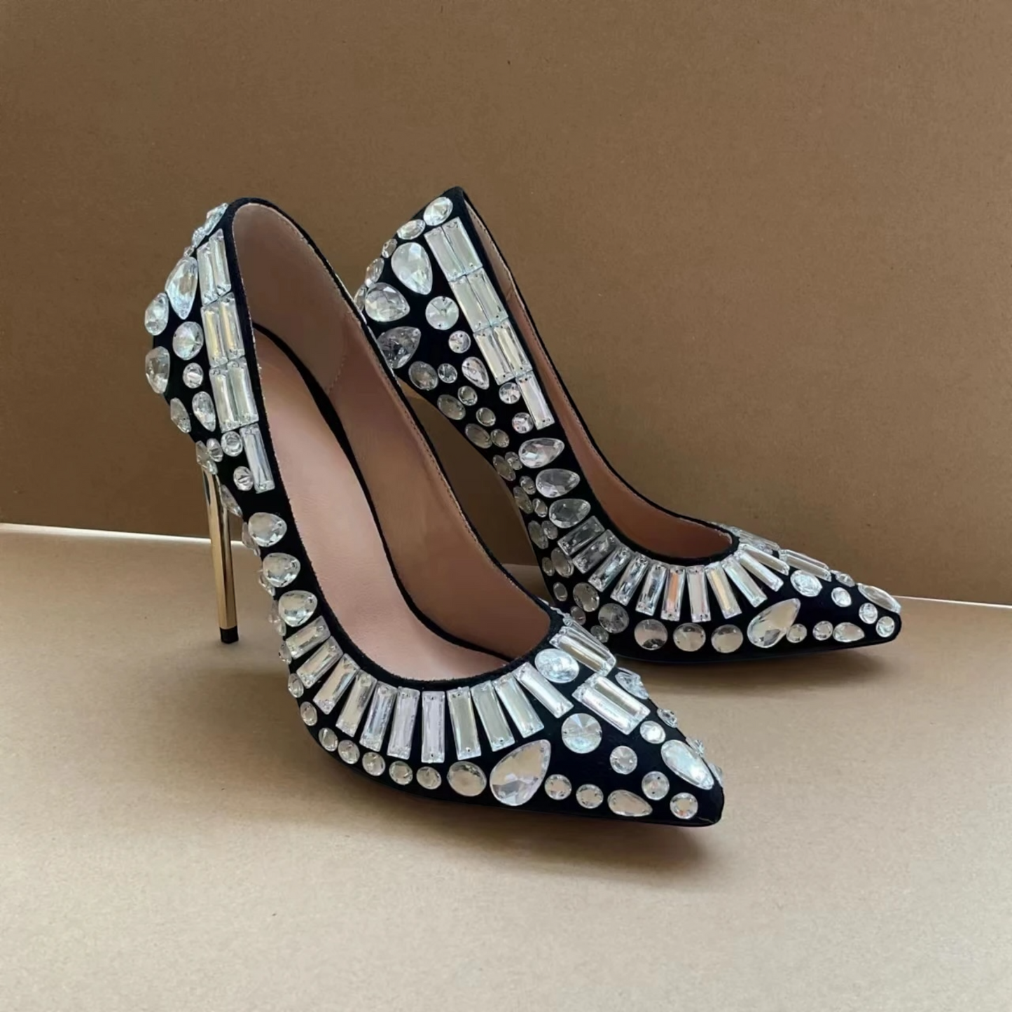 Luxury Crystals Point Toe Golden Stiletto Heels