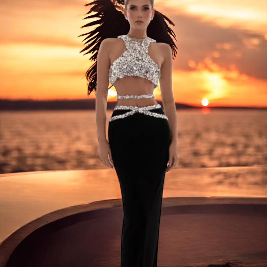 Sparkling Crystals Bodycon Maxi Skirt Party Outfit Set