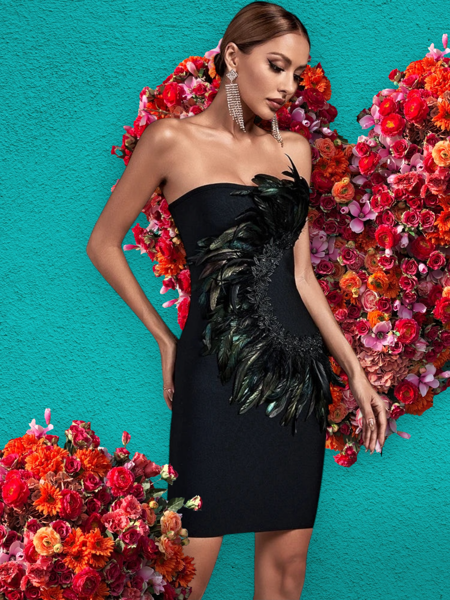 Elegant Feather Strapless Bodycon Party Dress; Low in Inventory