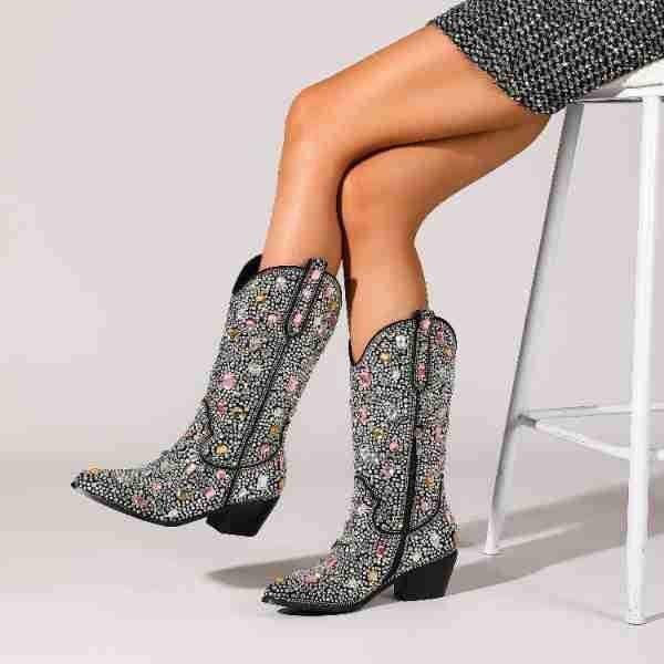 PROM | 2025 Pointed Toe Metallic Rhinestone Mid-Heel Cowboy Boots For Women in 2 Colours