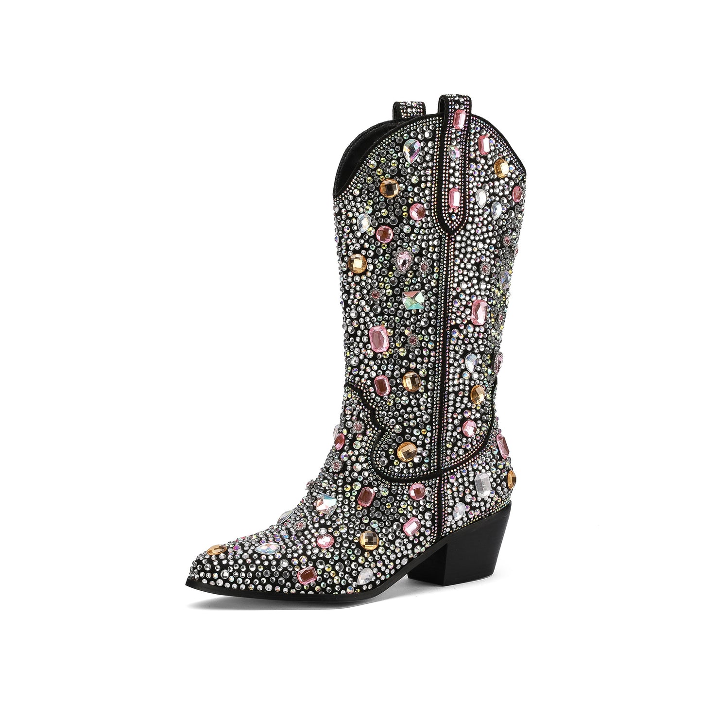 PROM | 2025 Pointed Toe Metallic Rhinestone Mid-Heel Cowboy Boots For Women in 2 Colours