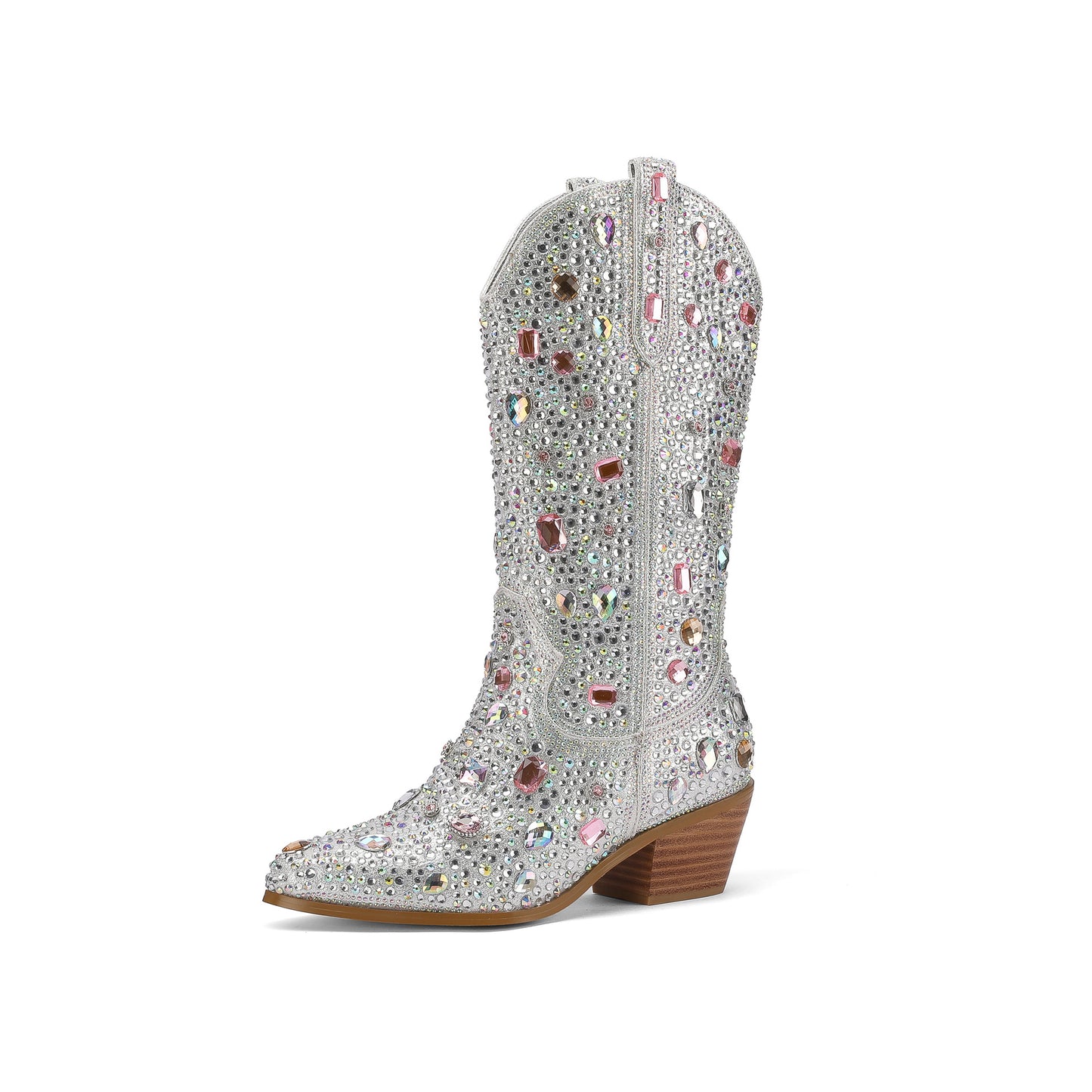 PROM | 2025 Pointed Toe Metallic Rhinestone Mid-Heel Cowboy Boots For Women in 2 Colours