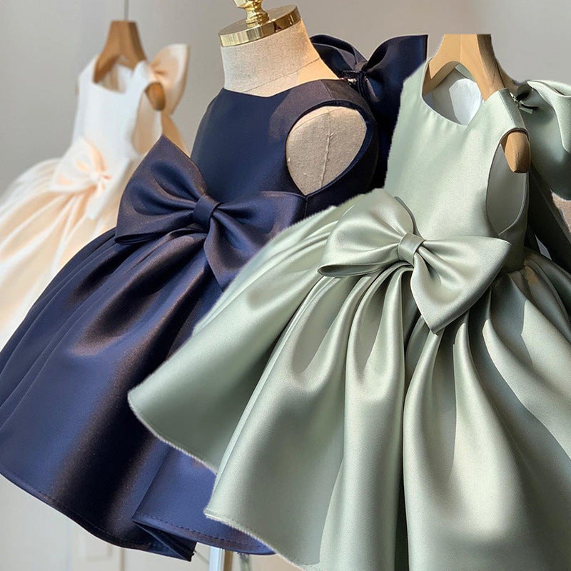 Satin Bow Girl’s Summer Flared Ceremony Dress in 4 Colours; Size 1 Yr to 16 Yr