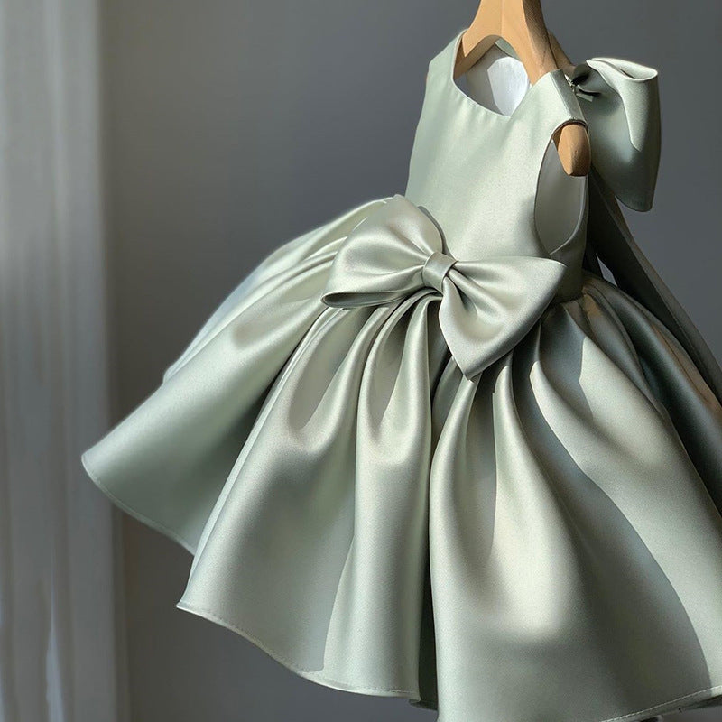 Satin Bow Girl’s Summer Flared Ceremony Dress in 4 Colours; Size 1 Yr to 16 Yr