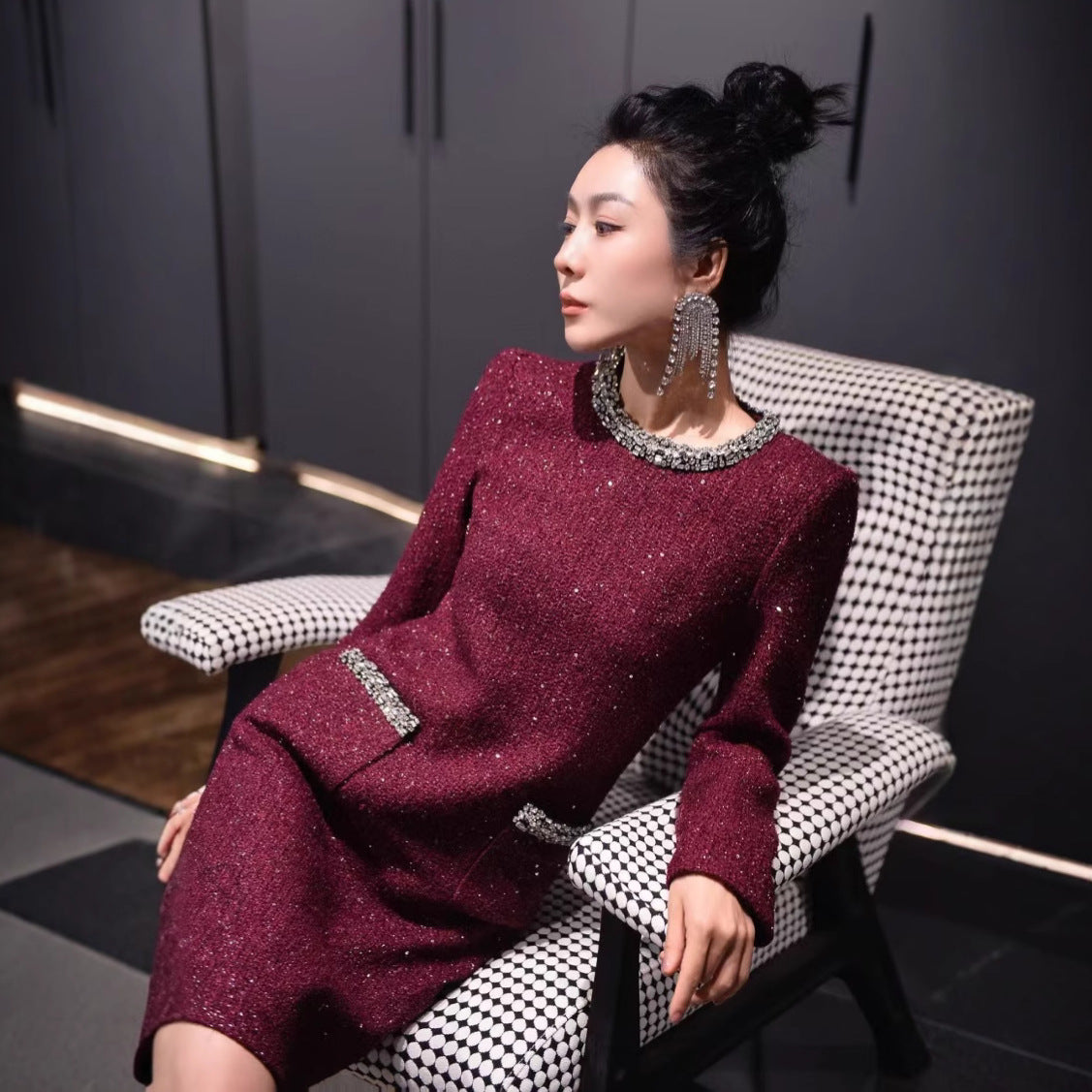 European Station 2024 Autumn And Winter New Socialite Xiaoxiang Wool Tweed Heavy Sequins Diamond Waist Dress