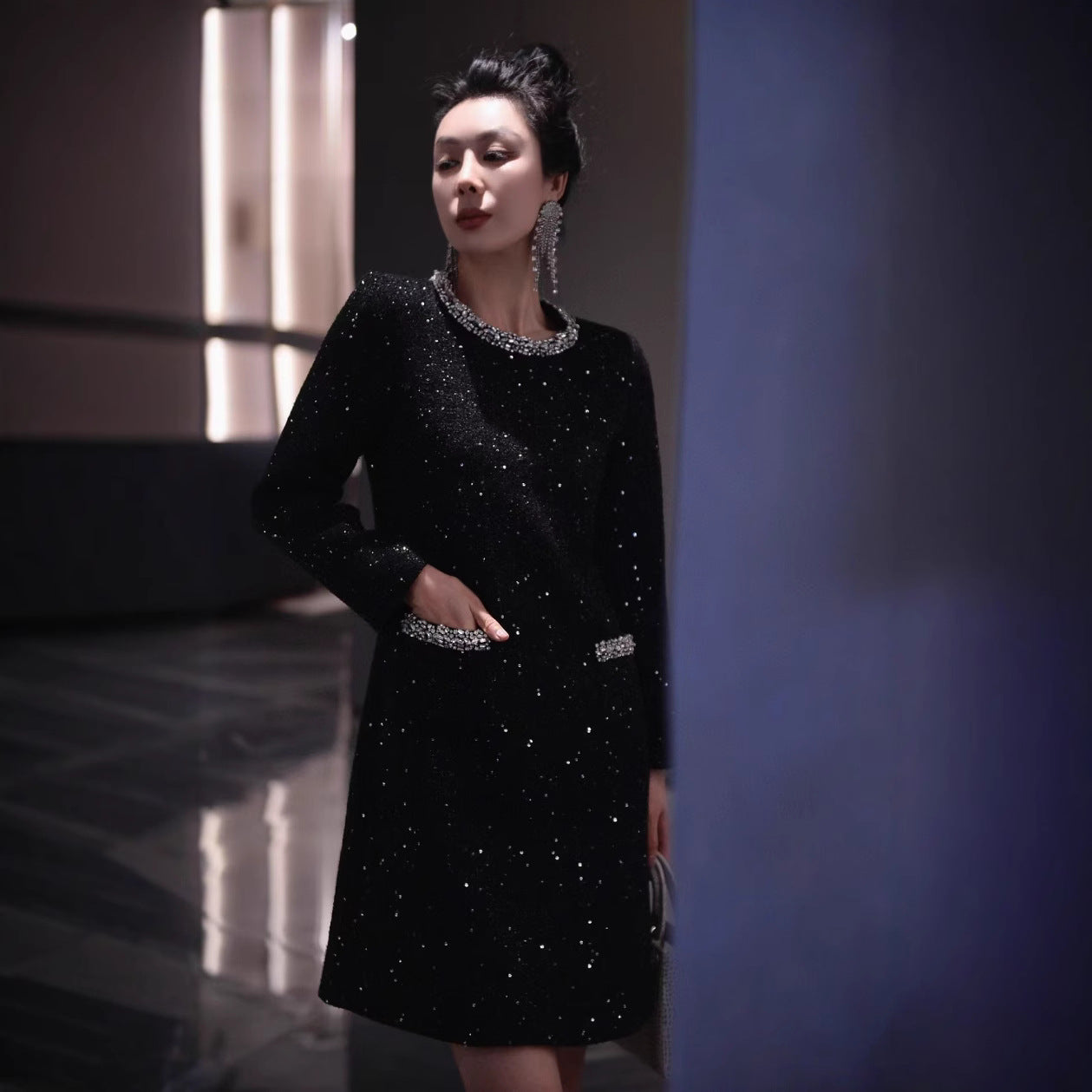 European Station 2024 Autumn And Winter New Socialite Xiaoxiang Wool Tweed Heavy Sequins Diamond Waist Dress