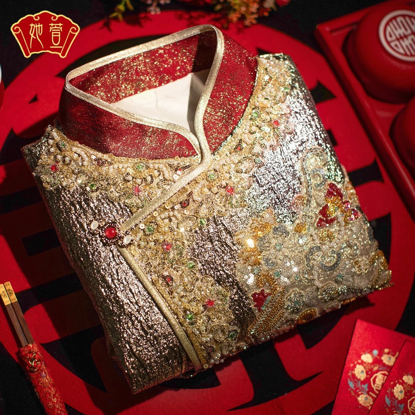 Luxury Textured Satin DOUBLE HAPPINESS Appliqué Cheongsam Sets for the Groom in Gold Colour; 2XL Plus Size