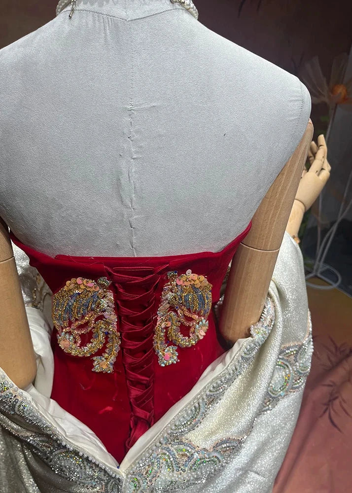 BRIDAL DRESS | Luxury Dragon & Phoenix Detail Beads Appliqué Wedding Dress and Robe