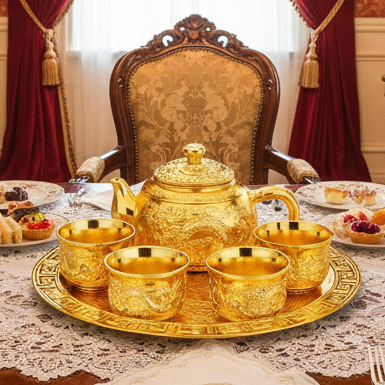 Antique European Gold Plated Dragon and Phoenix Teapot and Cup Set; Teapot, 4 Cups, and Tray