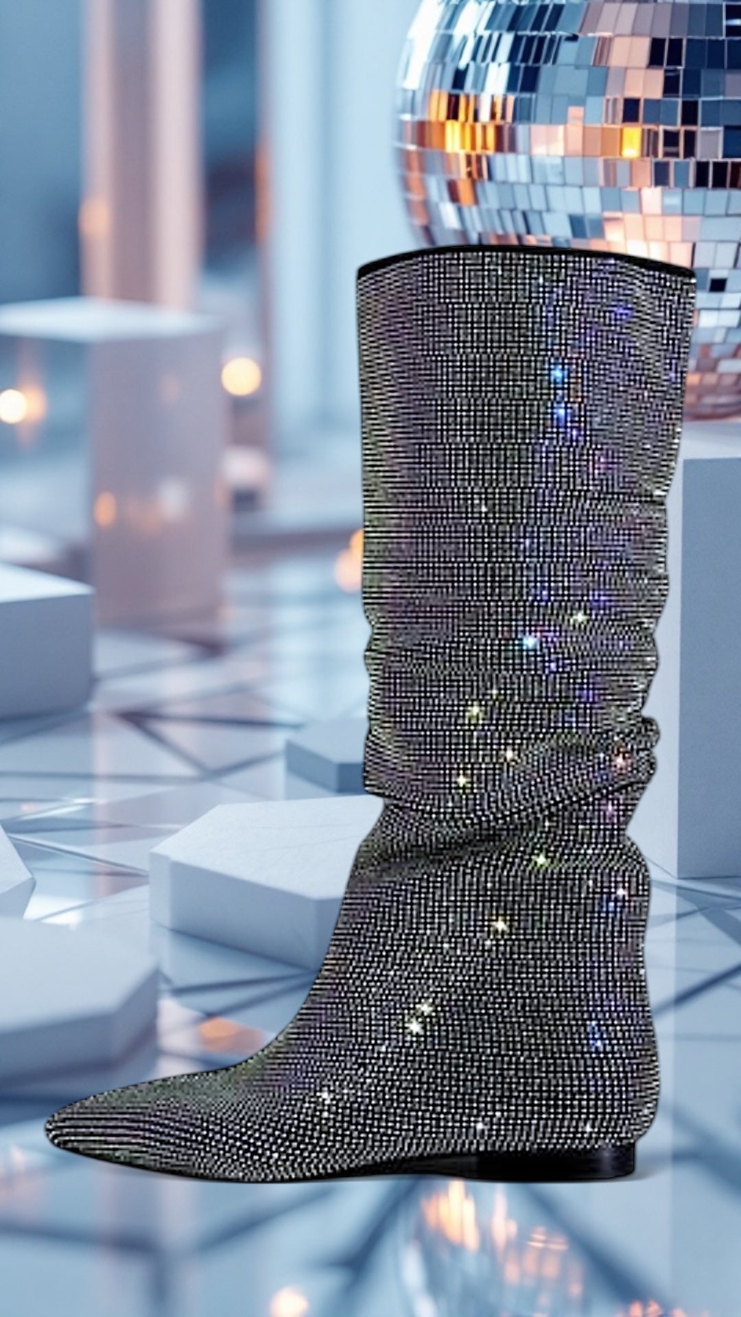 High -quality Starry Rhinestones Pointed Toe Length Knee High Boots