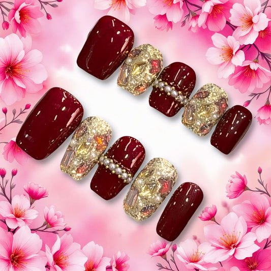 2025 Lunar New Year Burgundy and Glitter Gold and Pearl Glue-On Fake Nail Set ($100 for 5 Sets)