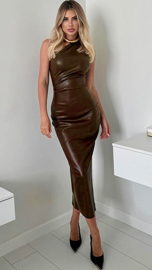 2024AW Faux Leather Slim Fit One-Shoulder Midi Dress