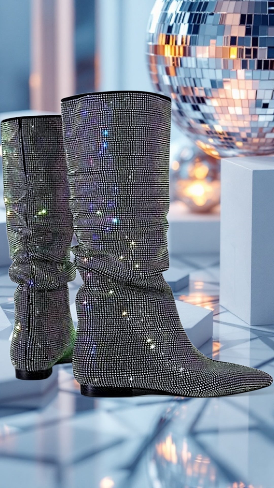 High -quality Starry Rhinestones Pointed Toe Length Knee High Boots